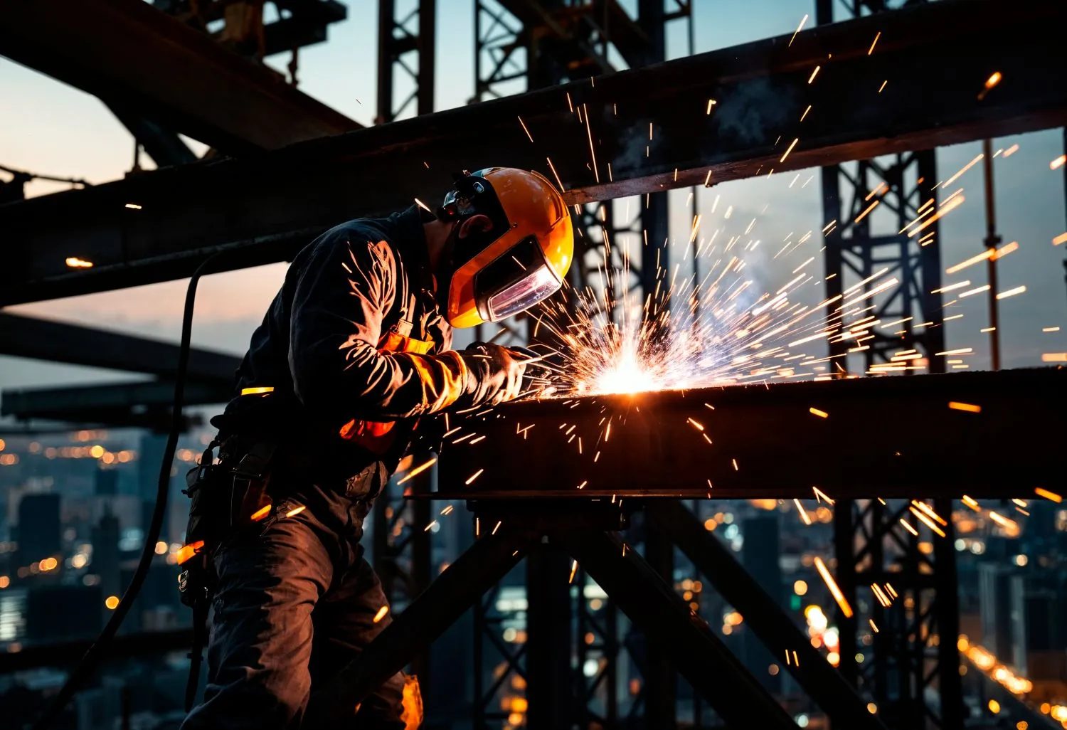 A man is welding a piece of metal on a construction site.