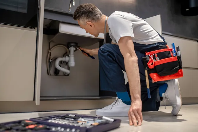 A plumber is kneeling down under a sink in a kitchen.