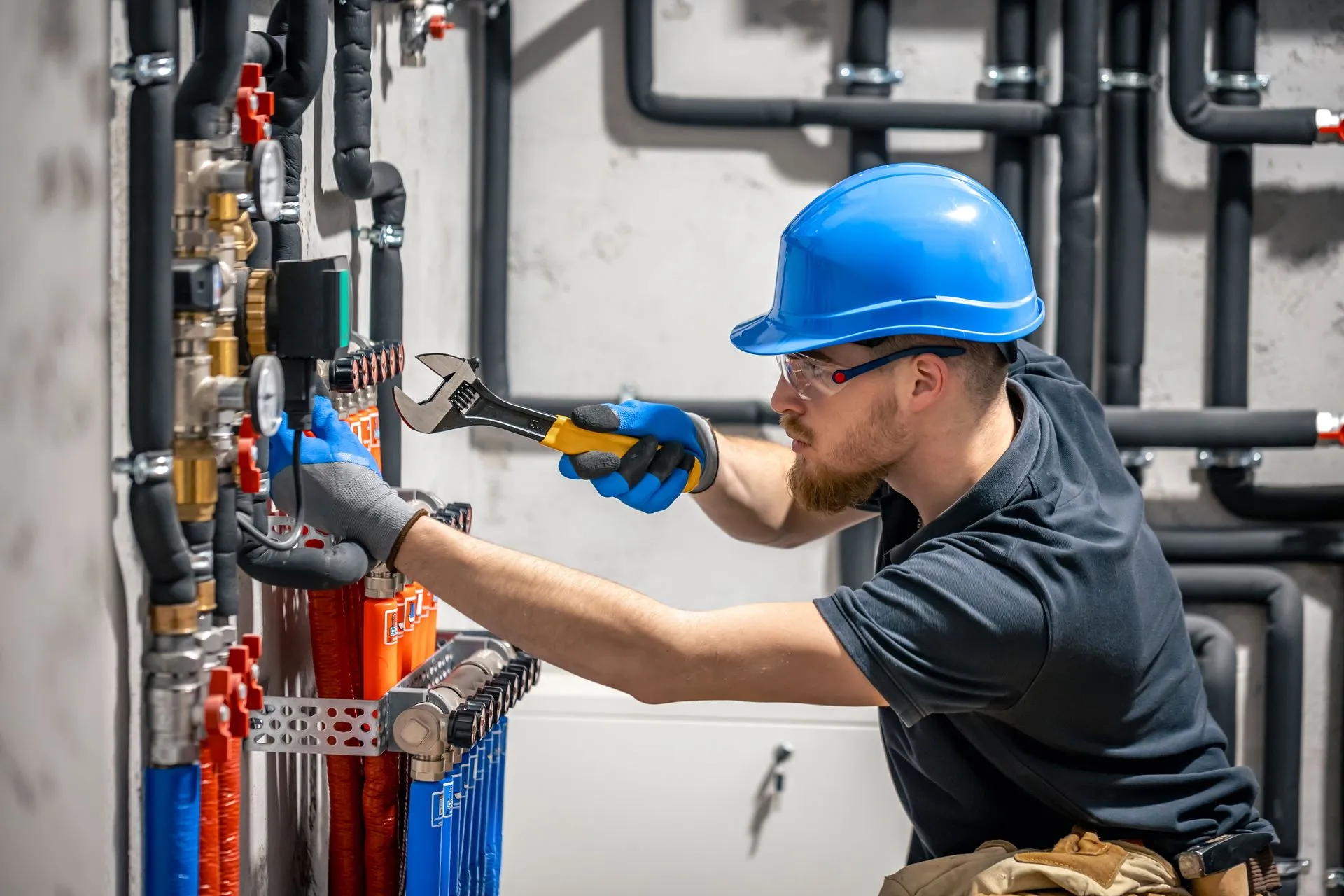 A man in a hard hat is working on a pipe with a wrench.